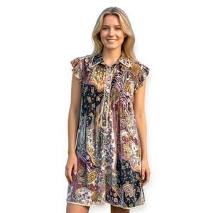 NEW POL Paisley Boho Velvet Lace Trim Mini Dress Size Small